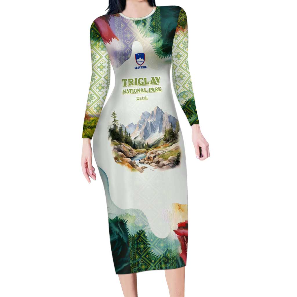 Triglav National Park Long Sleeve Bodycon Dress Mountain Landscape with Slovenia Crest and Folk Art Details