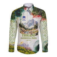 Triglav National Park Long Sleeve Button Shirt Mountain Landscape with Slovenia Crest and Folk Art Details