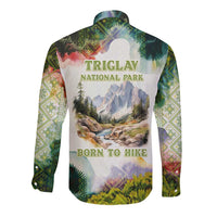 Triglav National Park Long Sleeve Button Shirt Mountain Landscape with Slovenia Crest and Folk Art Details