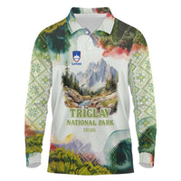 Triglav National Park Long Sleeve Polo Shirt Mountain Landscape with Slovenia Crest and Folk Art Details