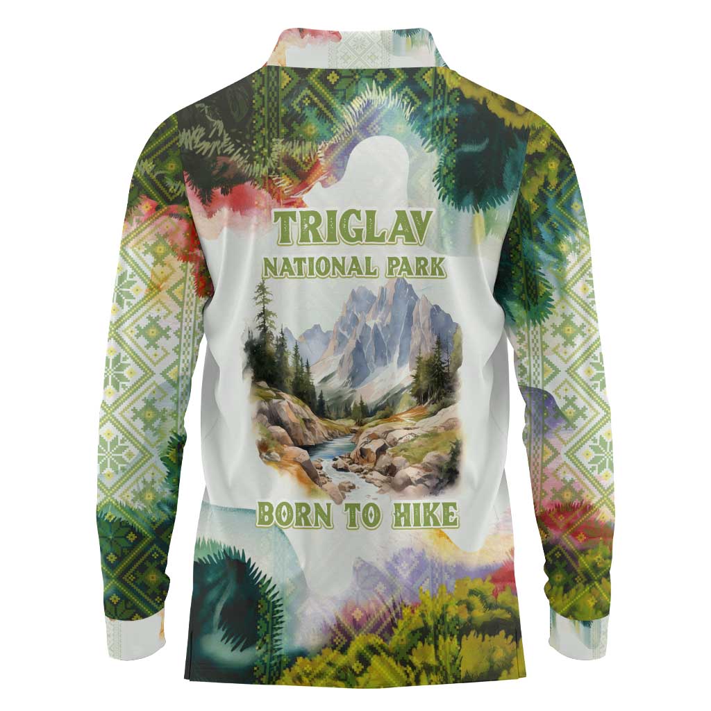 Triglav National Park Long Sleeve Polo Shirt Mountain Landscape with Slovenia Crest and Folk Art Details