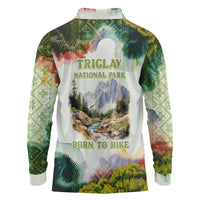 Triglav National Park Long Sleeve Polo Shirt Mountain Landscape with Slovenia Crest and Folk Art Details