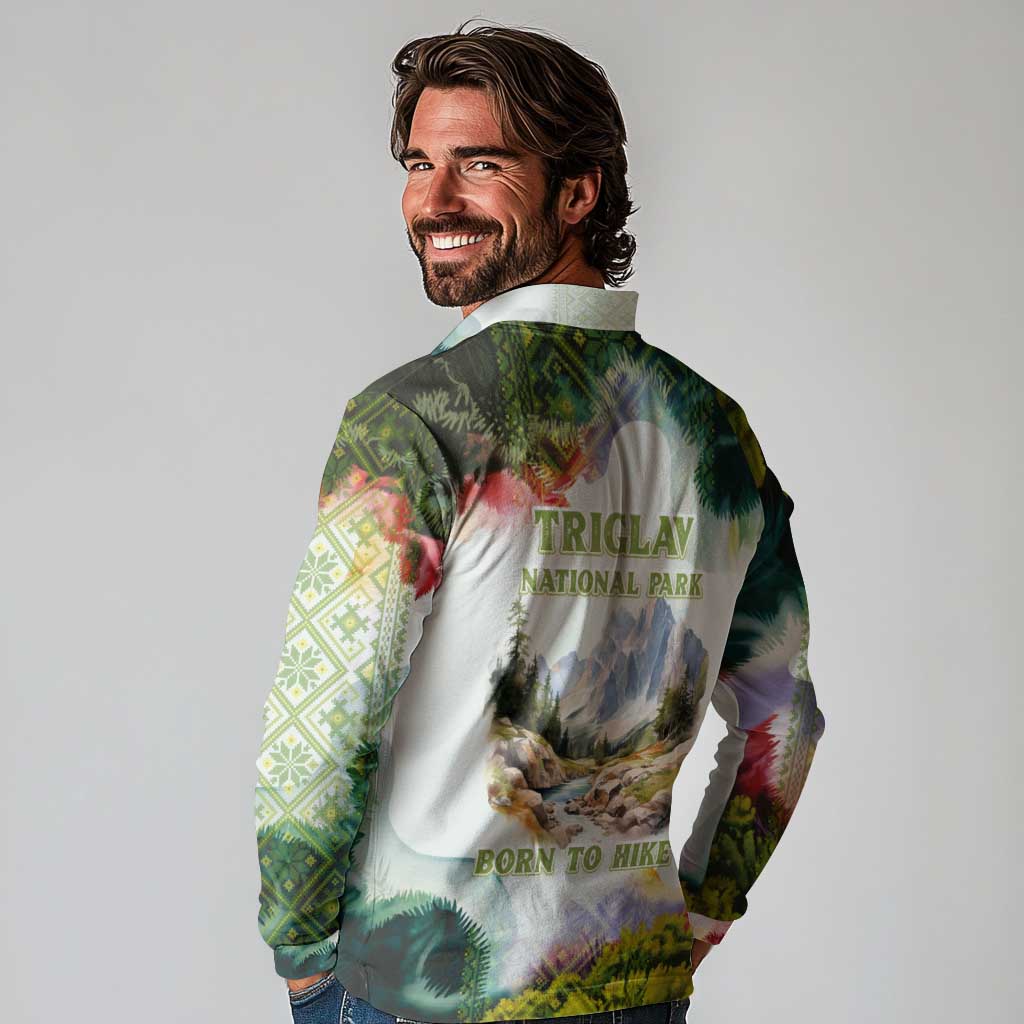 Triglav National Park Long Sleeve Polo Shirt Mountain Landscape with Slovenia Crest and Folk Art Details