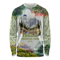 Triglav National Park Long Sleeve Shirt Mountain Landscape with Slovenia Crest and Folk Art Details