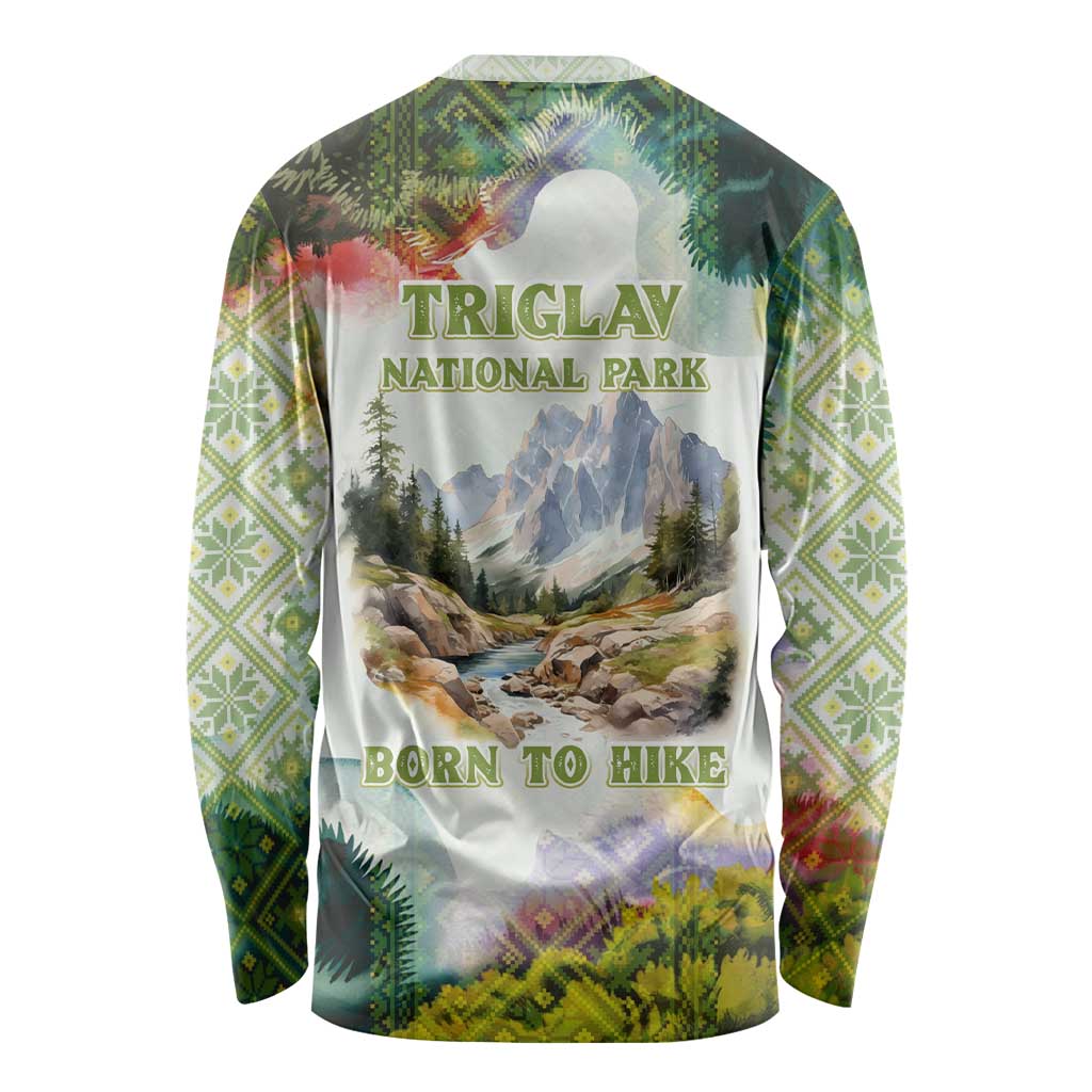 Triglav National Park Long Sleeve Shirt Mountain Landscape with Slovenia Crest and Folk Art Details