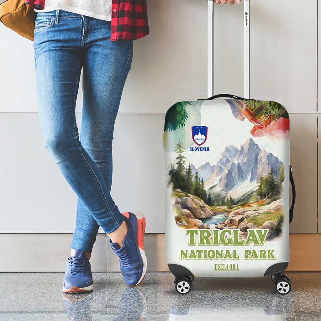 Triglav National Park Luggage Cover Mountain Landscape with Slovenia Crest and Folk Art Details