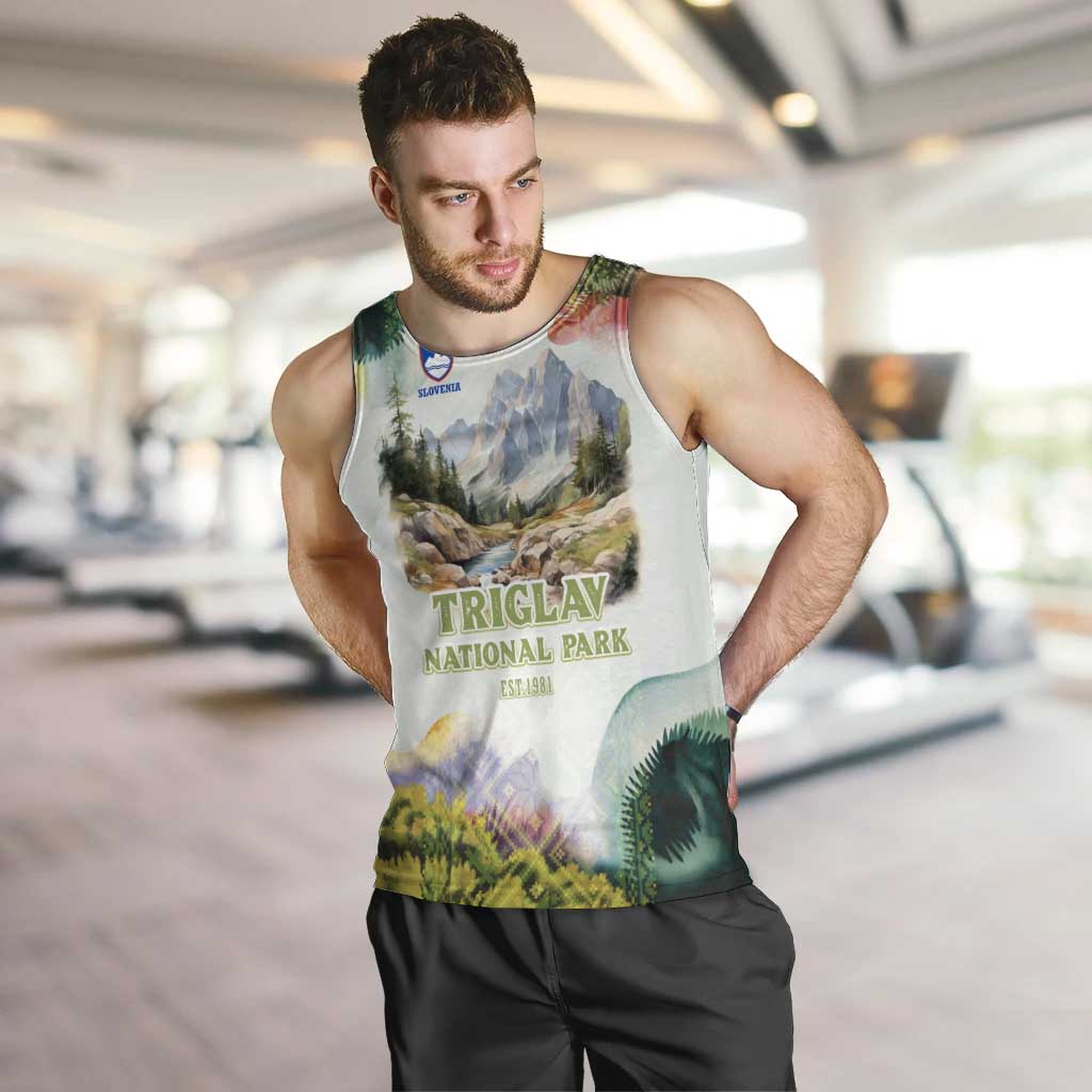 Triglav National Park Men Tank Top Mountain Landscape with Slovenia Crest and Folk Art Details