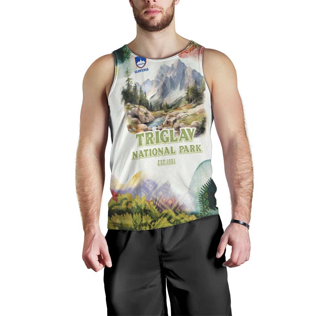 Triglav National Park Men Tank Top Mountain Landscape with Slovenia Crest and Folk Art Details