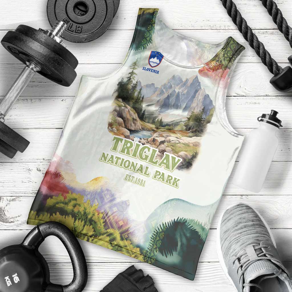 Triglav National Park Men Tank Top Mountain Landscape with Slovenia Crest and Folk Art Details
