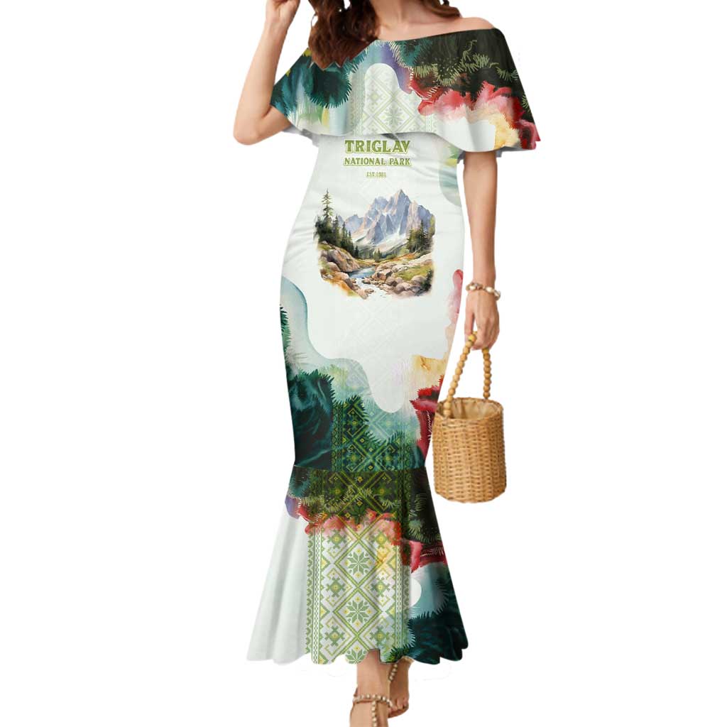 Triglav National Park Mermaid Dress Mountain Landscape with Slovenia Crest and Folk Art Details