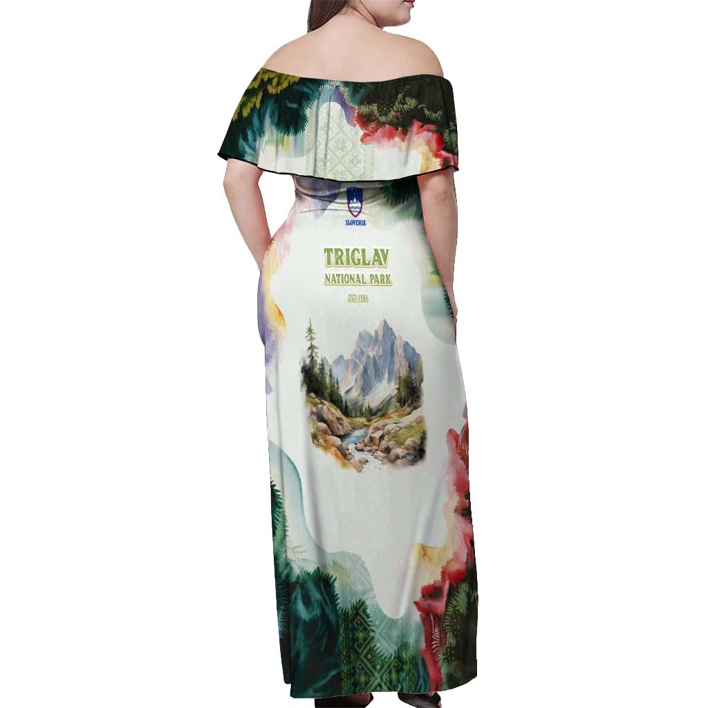 Triglav National Park Off Shoulder Maxi Dress Mountain Landscape with Slovenia Crest and Folk Art Details