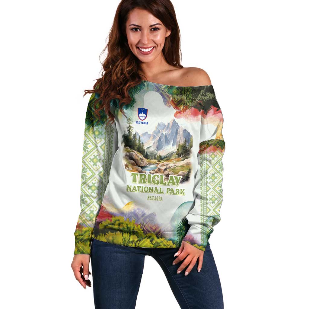 Triglav National Park Off Shoulder Sweater Mountain Landscape with Slovenia Crest and Folk Art Details