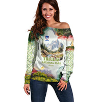Triglav National Park Off Shoulder Sweater Mountain Landscape with Slovenia Crest and Folk Art Details