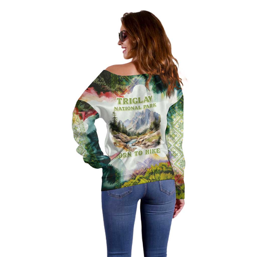 Triglav National Park Off Shoulder Sweater Mountain Landscape with Slovenia Crest and Folk Art Details