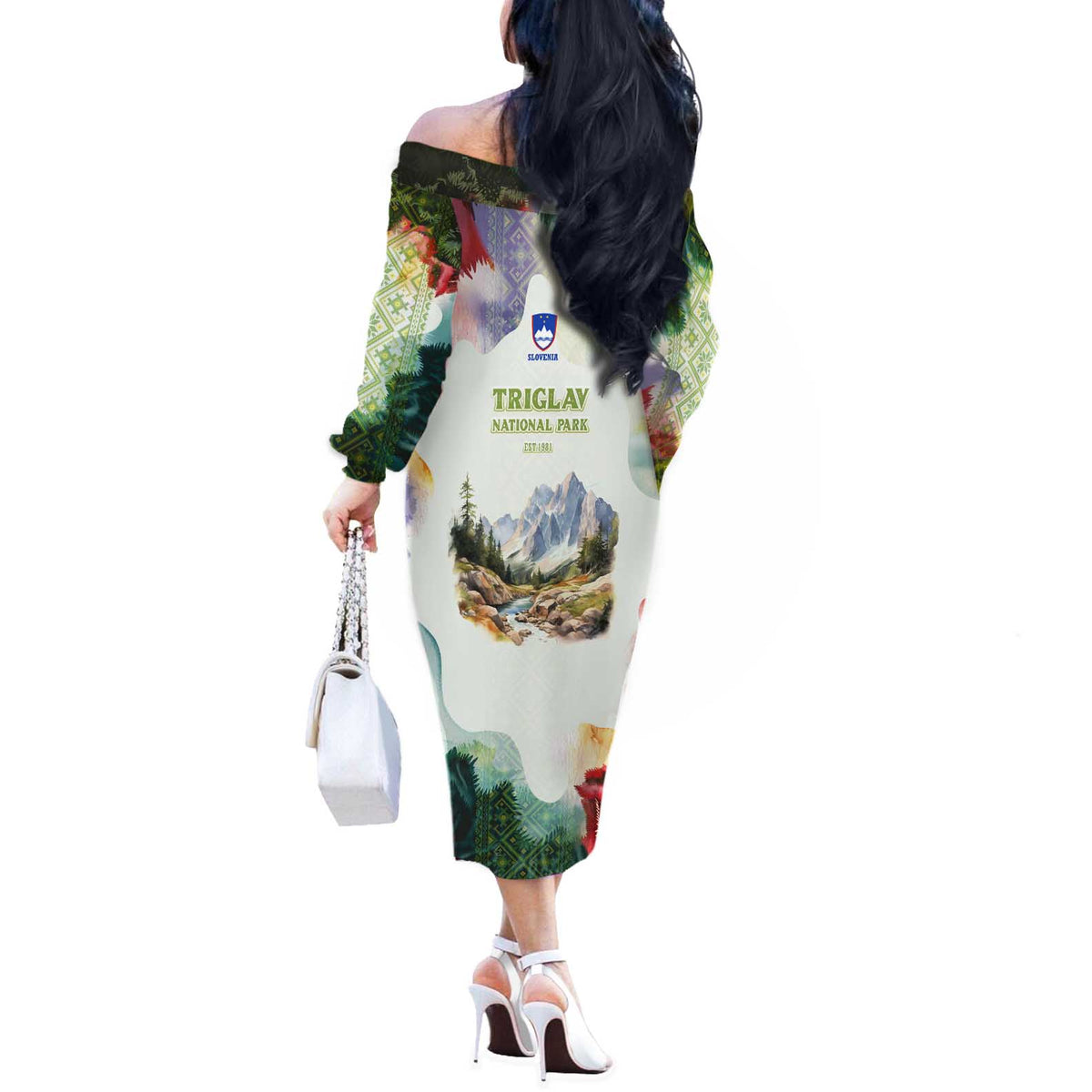 Triglav National Park Off The Shoulder Long Sleeve Dress Mountain Landscape with Slovenia Crest and Folk Art Details