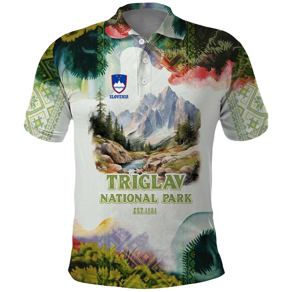 Triglav National Park Polo Shirt Mountain Landscape with Slovenia Crest and Folk Art Details