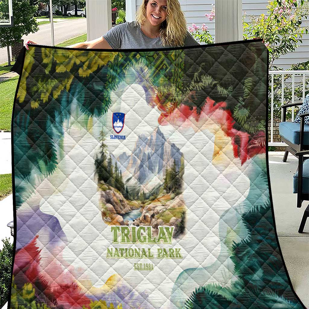 Triglav National Park Quilt Mountain Landscape with Slovenia Crest and Folk Art Details