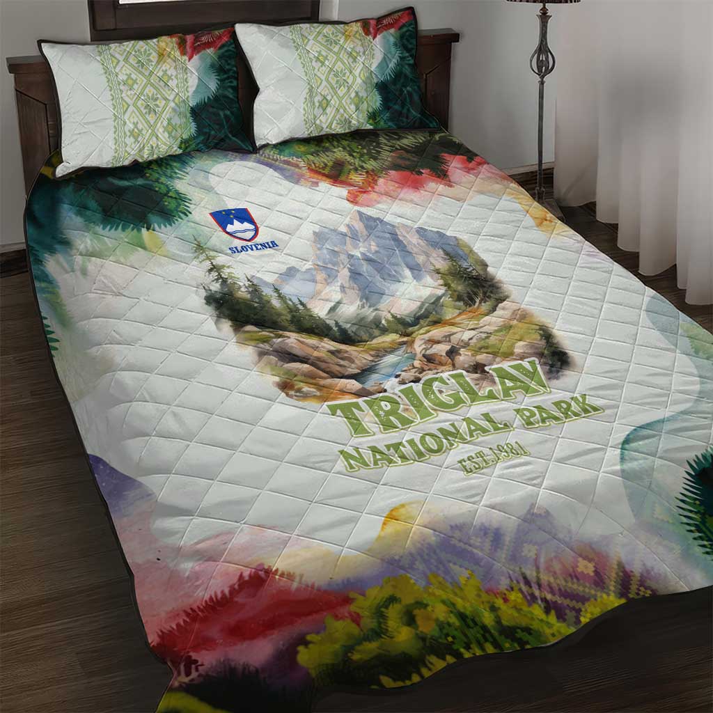 Triglav National Park Quilt Bed Set Mountain Landscape with Slovenia Crest and Folk Art Details