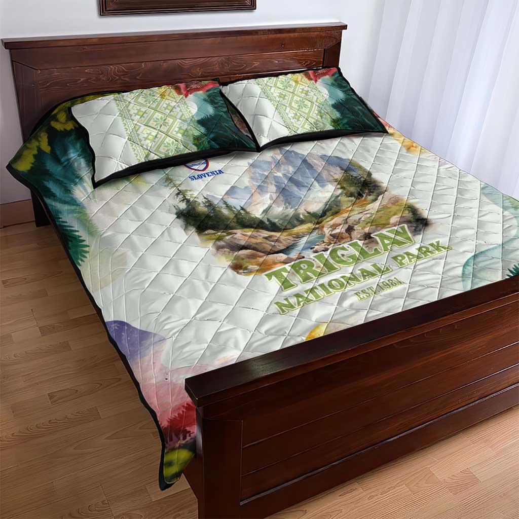 Triglav National Park Quilt Bed Set Mountain Landscape with Slovenia Crest and Folk Art Details