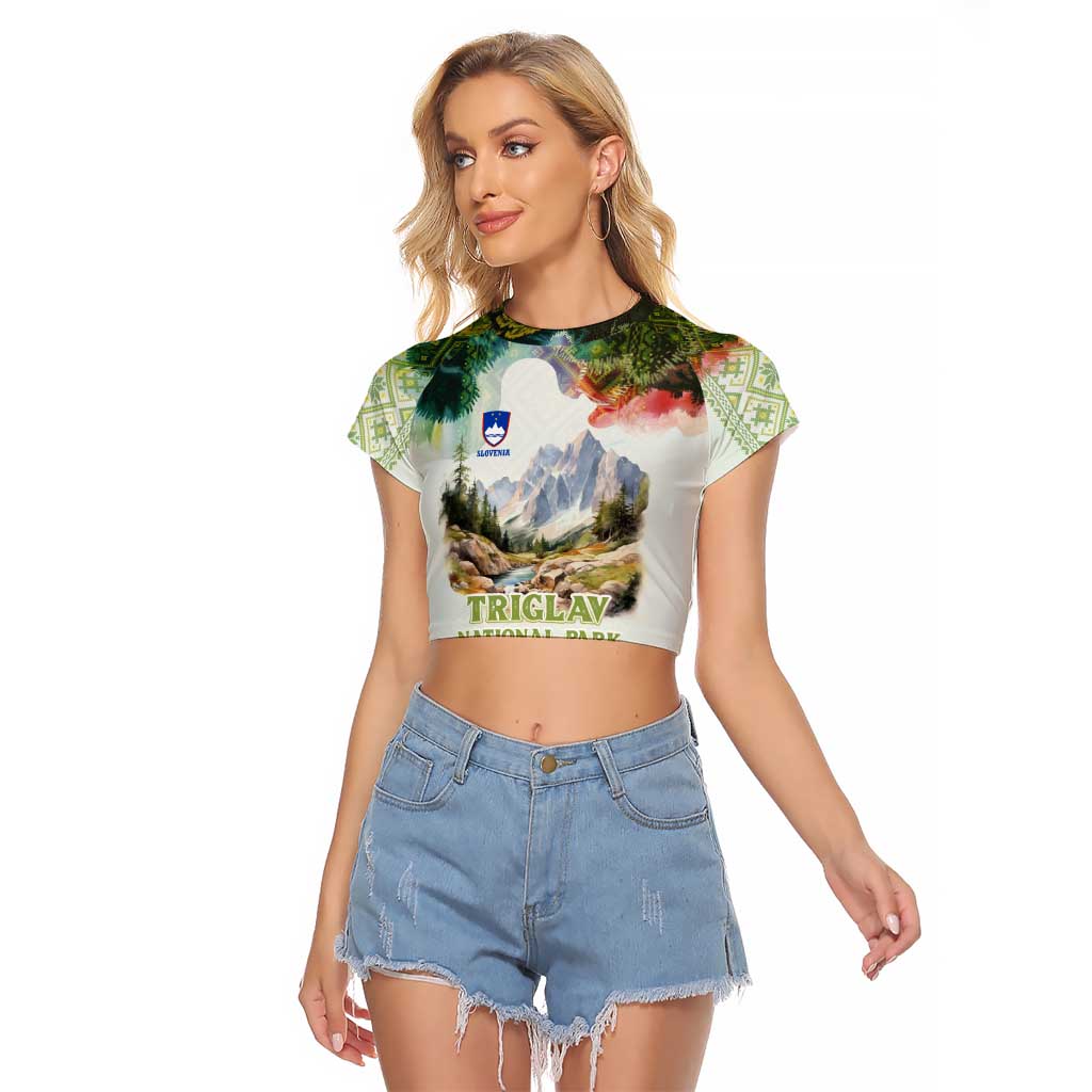 Triglav National Park Raglan Cropped T Shirt Mountain Landscape with Slovenia Crest and Folk Art Details