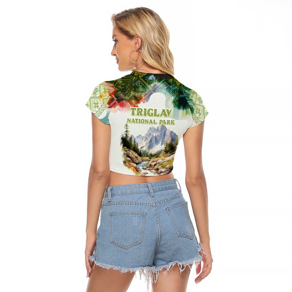 Triglav National Park Raglan Cropped T Shirt Mountain Landscape with Slovenia Crest and Folk Art Details