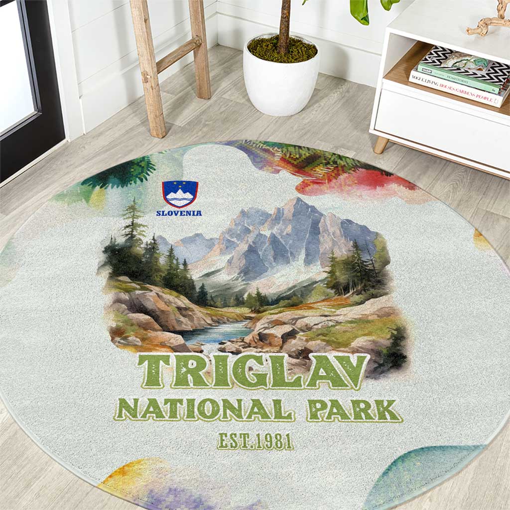 Triglav National Park Round Carpet Mountain Landscape with Slovenia Crest and Folk Art Details