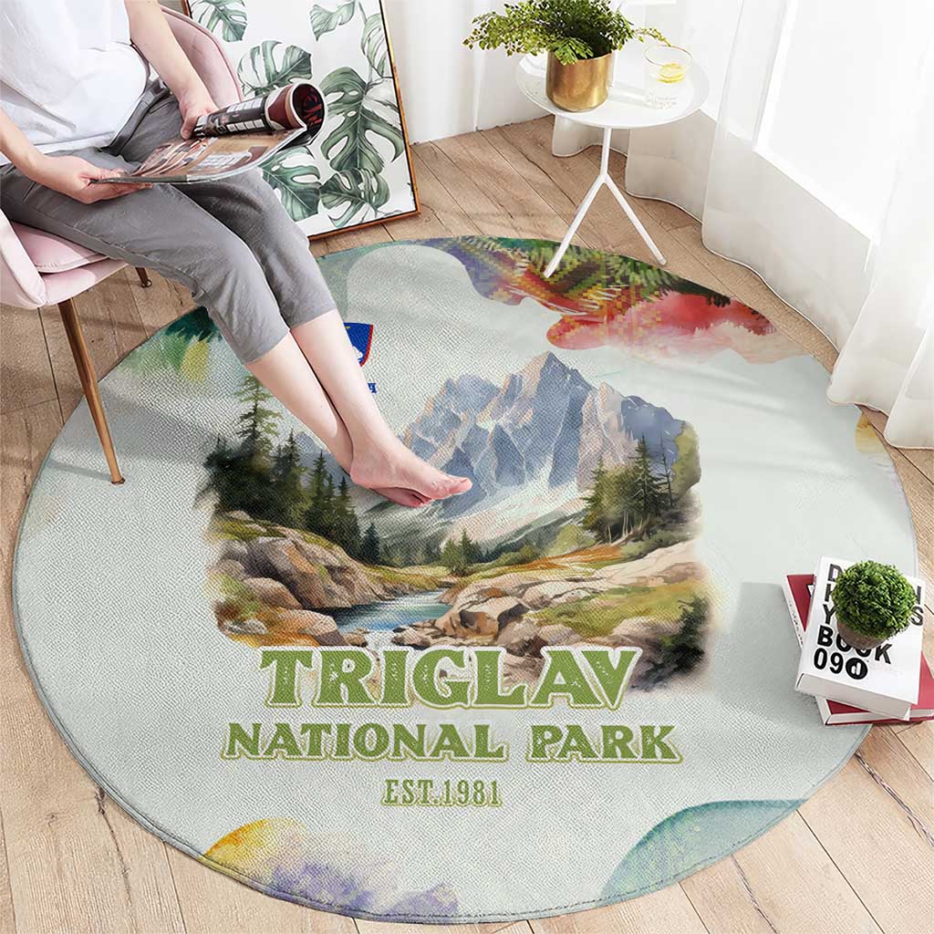 Triglav National Park Round Carpet Mountain Landscape with Slovenia Crest and Folk Art Details