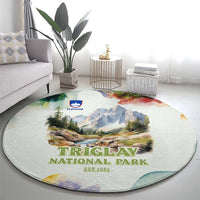 Triglav National Park Round Carpet Mountain Landscape with Slovenia Crest and Folk Art Details