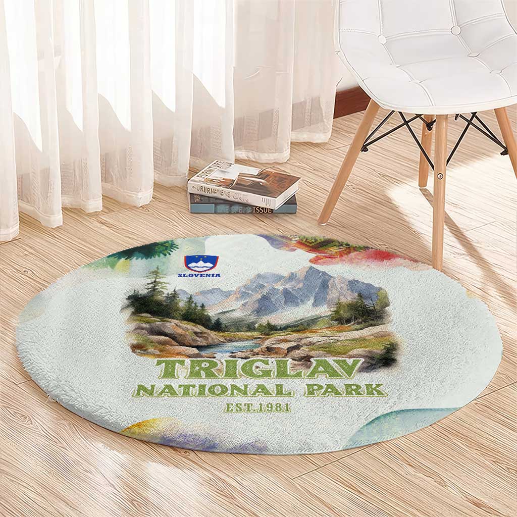 Triglav National Park Round Carpet Mountain Landscape with Slovenia Crest and Folk Art Details