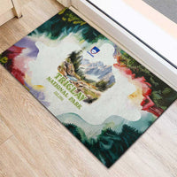 Triglav National Park Rubber Doormat Mountain Landscape with Slovenia Crest and Folk Art Details