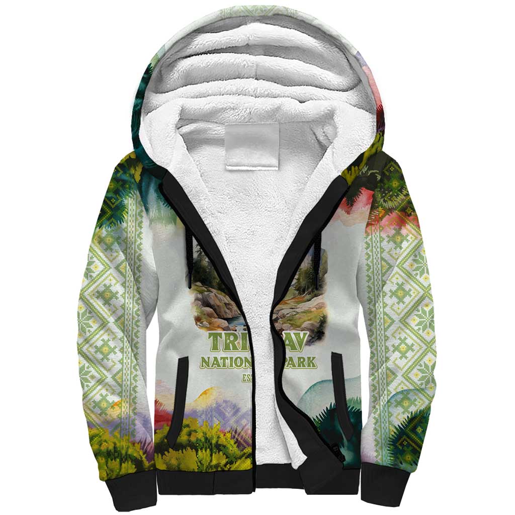 Triglav National Park Sherpa Hoodie Mountain Landscape with Slovenia Crest and Folk Art Details