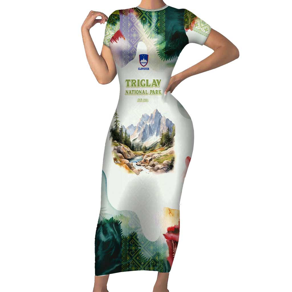 Triglav National Park Short Sleeve Bodycon Dress Mountain Landscape with Slovenia Crest and Folk Art Details