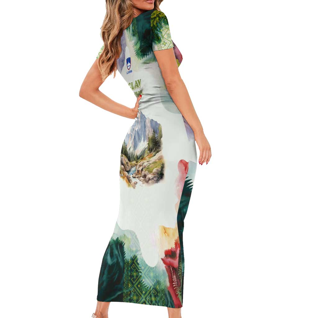 Triglav National Park Short Sleeve Bodycon Dress Mountain Landscape with Slovenia Crest and Folk Art Details