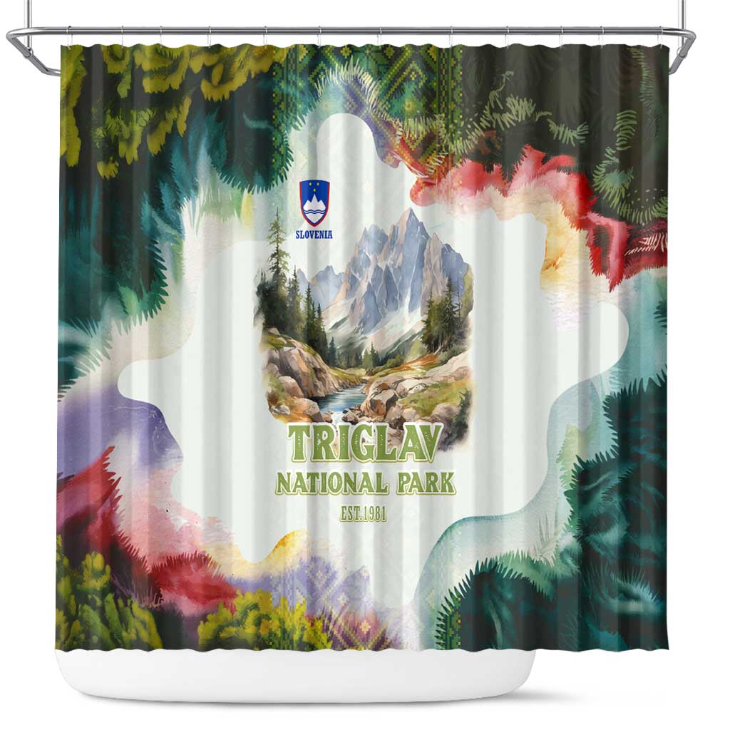 Triglav National Park Shower Curtain Mountain Landscape with Slovenia Crest and Folk Art Details