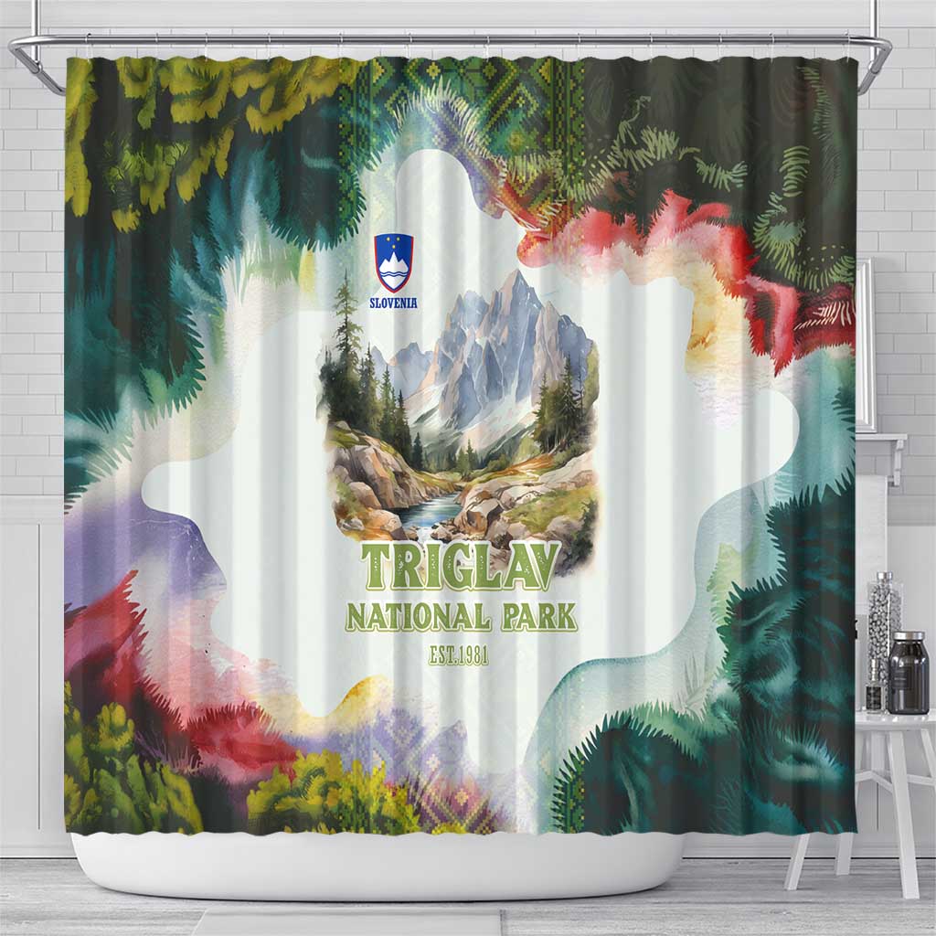 Triglav National Park Shower Curtain Mountain Landscape with Slovenia Crest and Folk Art Details