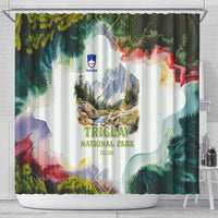 Triglav National Park Shower Curtain Mountain Landscape with Slovenia Crest and Folk Art Details