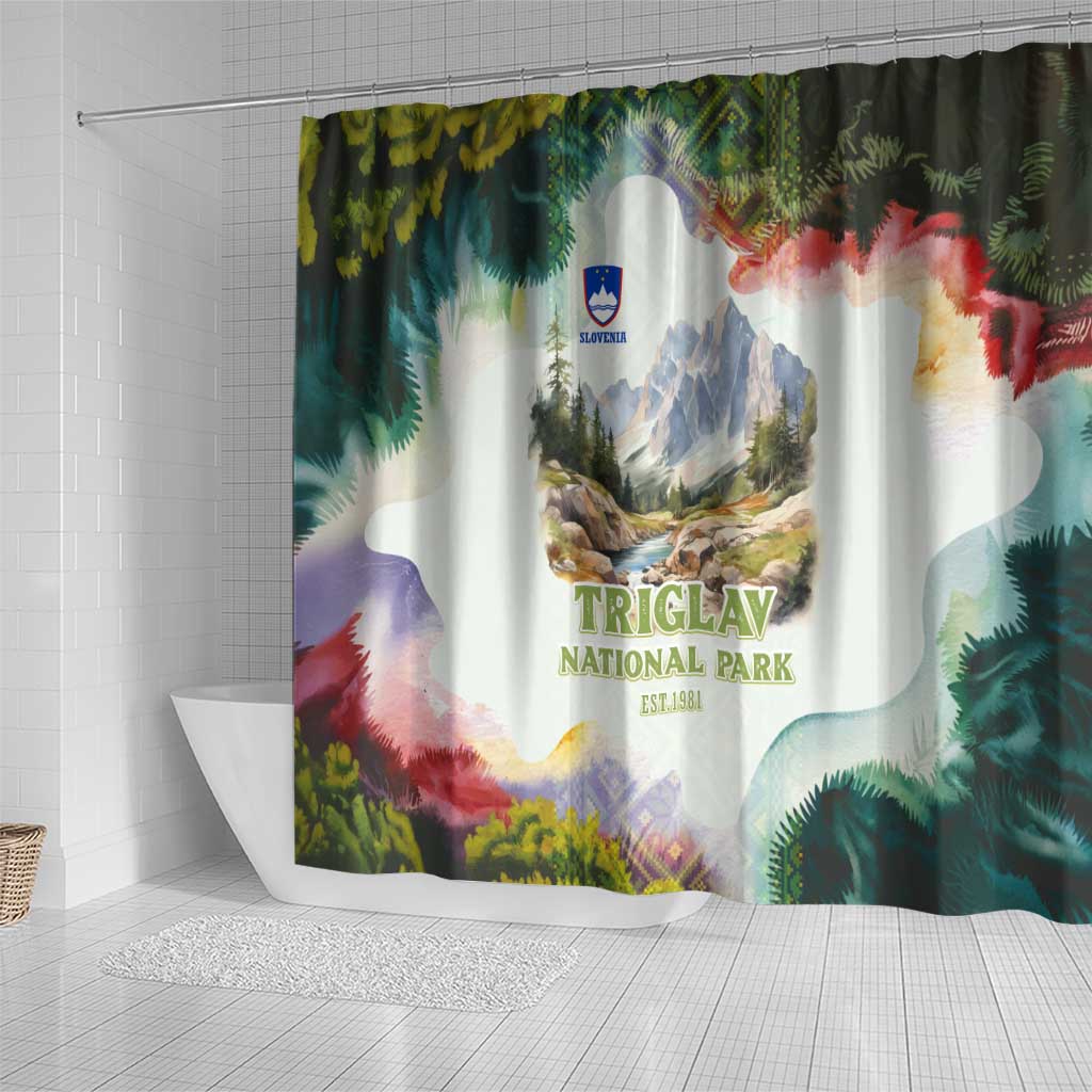 Triglav National Park Shower Curtain Mountain Landscape with Slovenia Crest and Folk Art Details