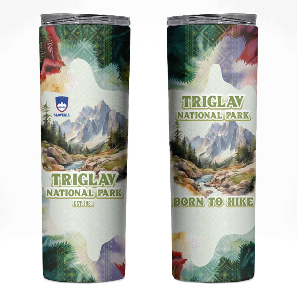 Triglav National Park Skinny Tumbler Mountain Landscape with Slovenia Crest and Folk Art Details