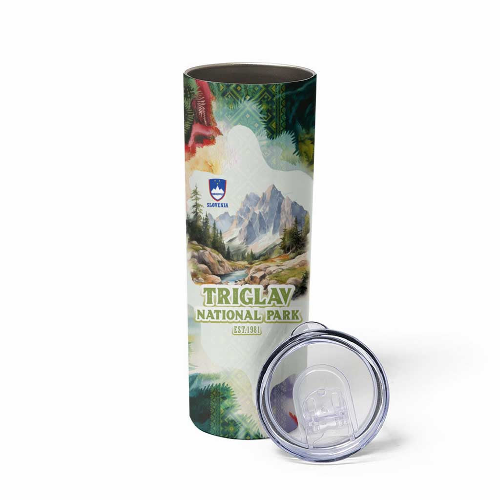 Triglav National Park Skinny Tumbler Mountain Landscape with Slovenia Crest and Folk Art Details