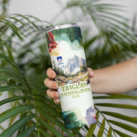 Triglav National Park Skinny Tumbler Mountain Landscape with Slovenia Crest and Folk Art Details