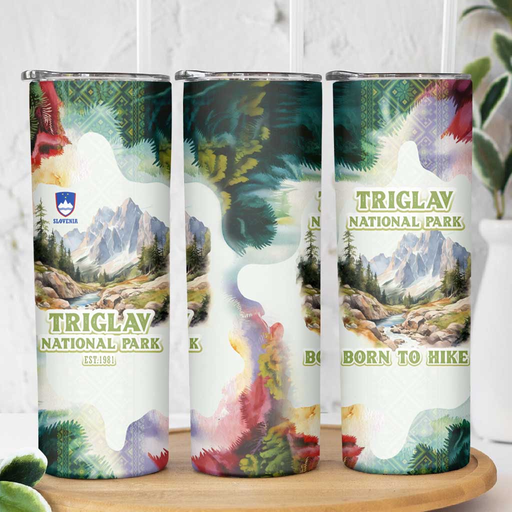Triglav National Park Skinny Tumbler Mountain Landscape with Slovenia Crest and Folk Art Details