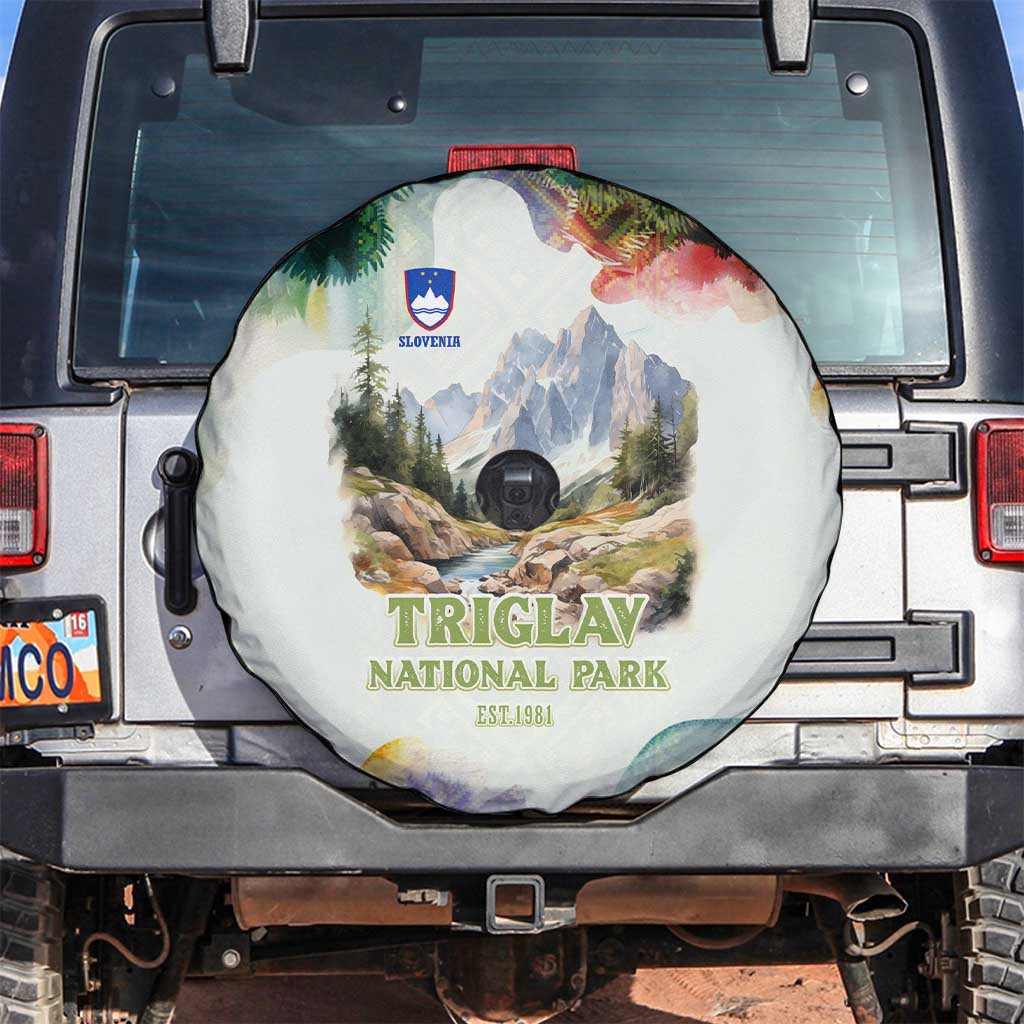 Triglav National Park Spare Tire Cover Mountain Landscape with Slovenia Crest and Folk Art Details
