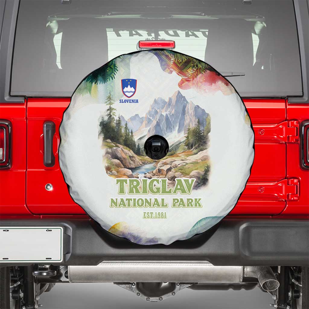 Triglav National Park Spare Tire Cover Mountain Landscape with Slovenia Crest and Folk Art Details