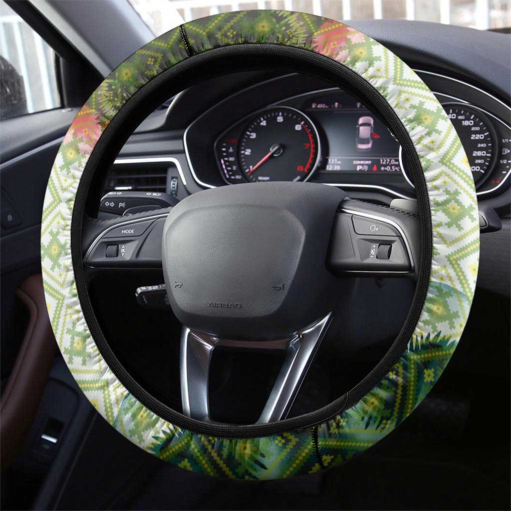 Triglav National Park Steering Wheel Cover Mountain Landscape with Slovenia Crest and Folk Art Details