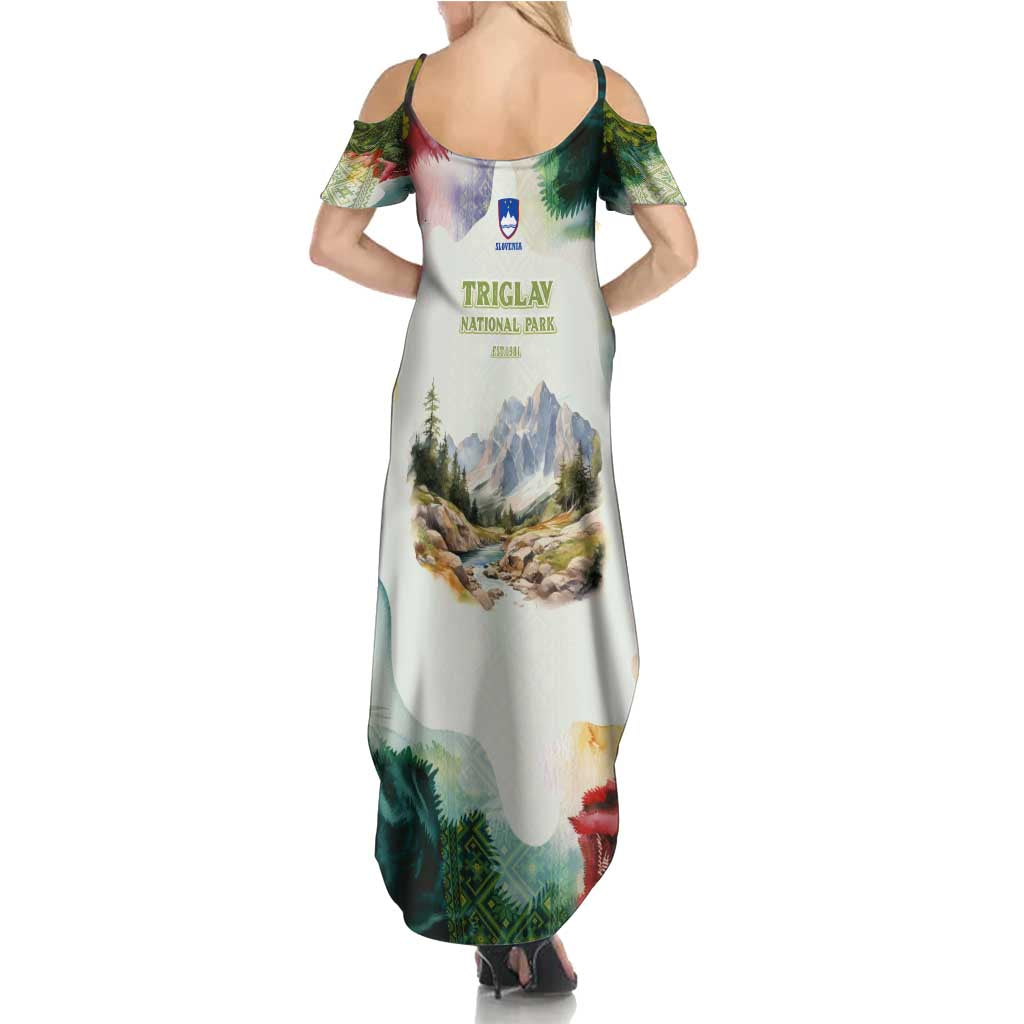 Triglav National Park Summer Maxi Dress Mountain Landscape with Slovenia Crest and Folk Art Details