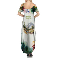 Triglav National Park Summer Maxi Dress Mountain Landscape with Slovenia Crest and Folk Art Details