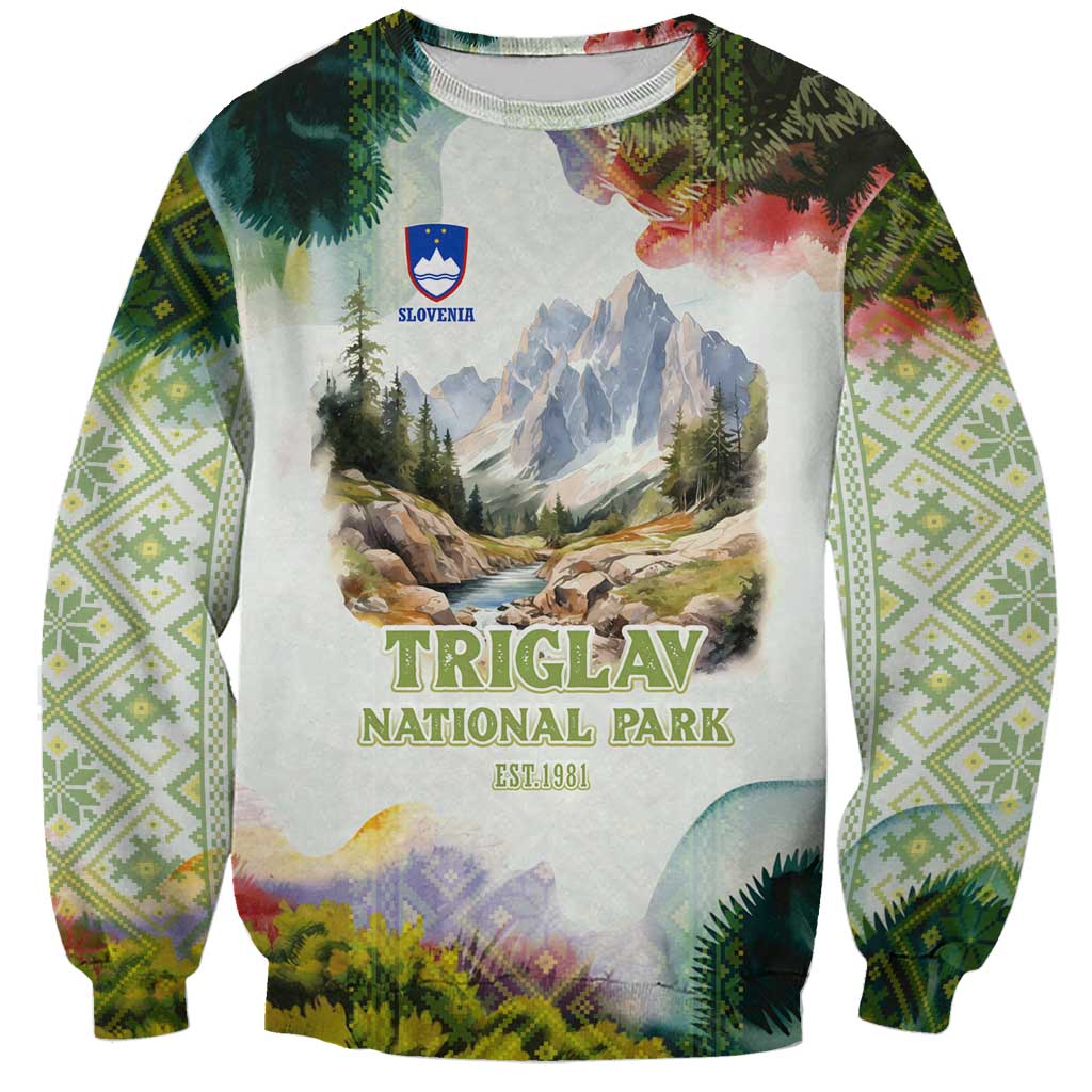 Triglav National Park Sweatshirt Mountain Landscape with Slovenia Crest and Folk Art Details