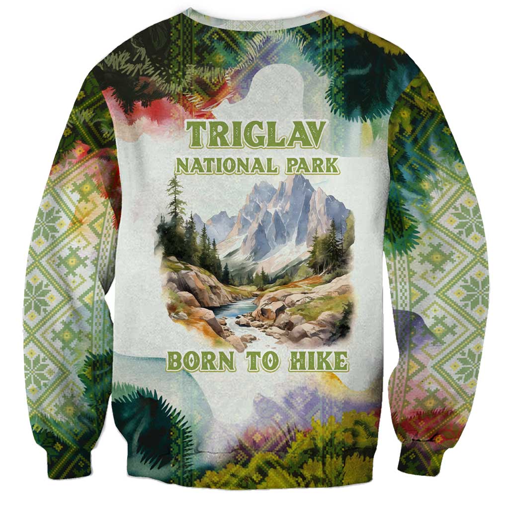 Triglav National Park Sweatshirt Mountain Landscape with Slovenia Crest and Folk Art Details