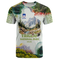 Triglav National Park T Shirt Mountain Landscape with Slovenia Crest and Folk Art Details