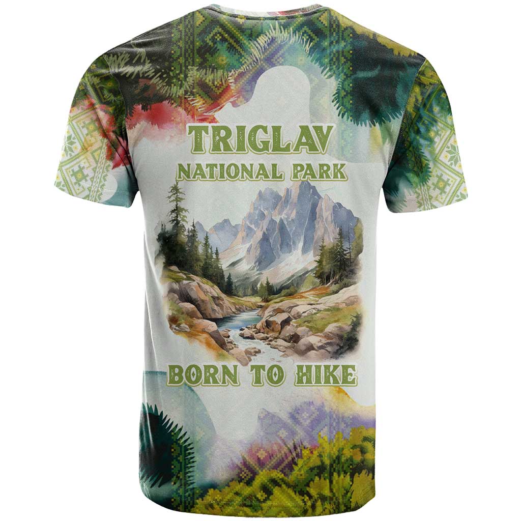 Triglav National Park T Shirt Mountain Landscape with Slovenia Crest and Folk Art Details